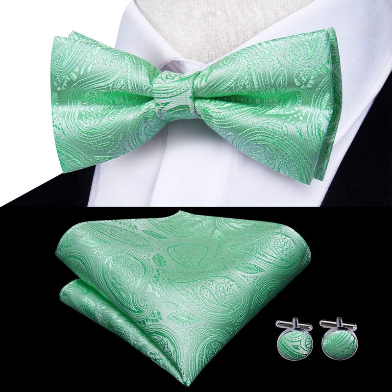 Dubulle Mens Clips Suspenders and Pretied Bowtie Set Y Shape Adjustable Paisley Checks Braces Pocket Square,Mint Green - Image 5